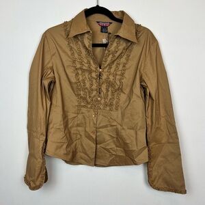 NWT Mac & Jac Ruffle Front Western Button up Blouse - Tan Cowboy style size 10